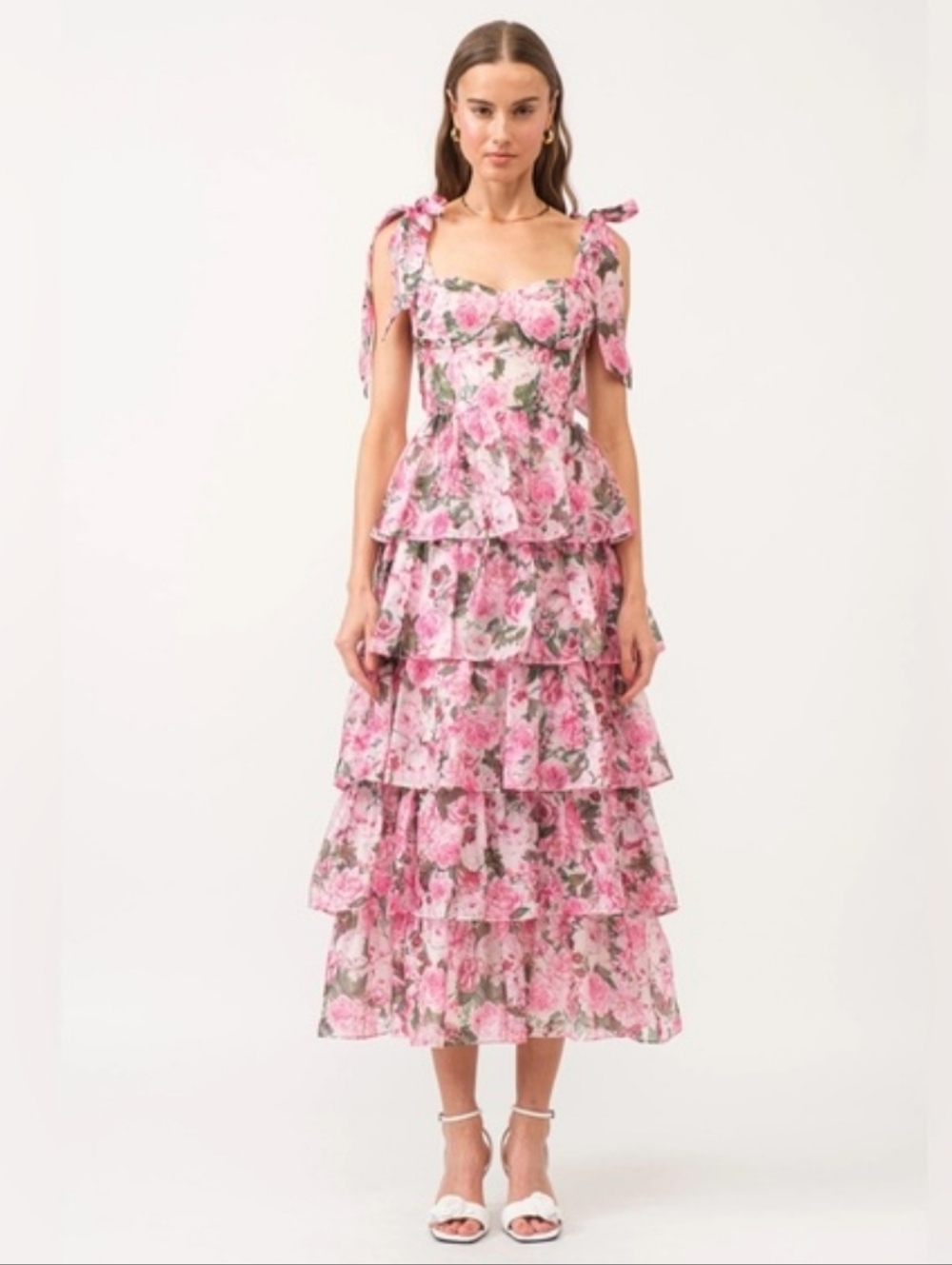 Sofie The Label Floral Tie Strap Tiered Midi Dress Pink Women’s Sz. S